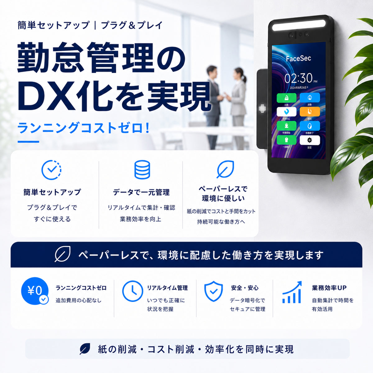 FaceSec(フェイスセック) タイムレコーダー AI顔認証 高速 高精度 2万人登録 勤怠管理システム内蔵 自動集計 シフト管理 ペーパーレス 簡単操作 5.5インチ壁掛け型(2GBメモリ)