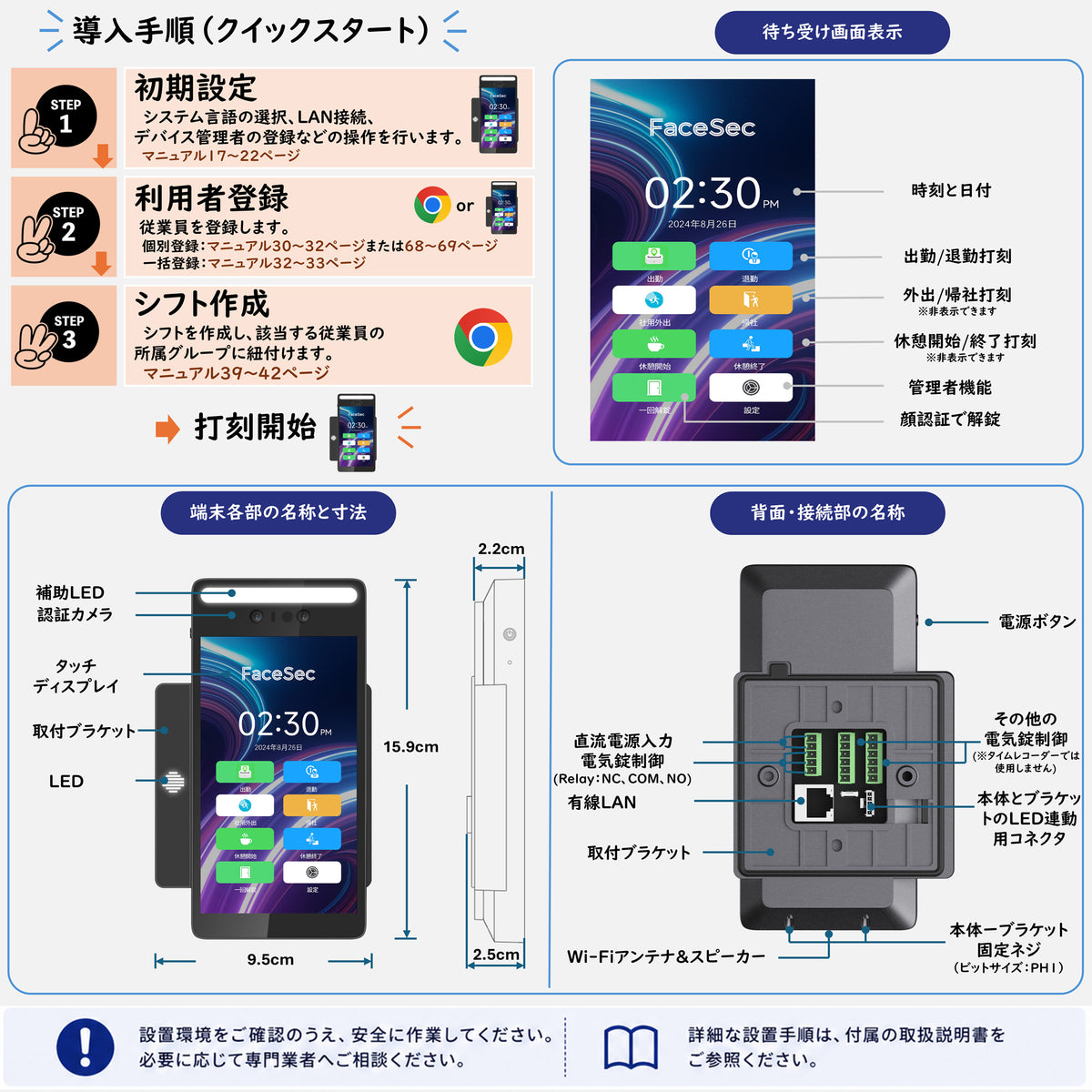 FaceSec(フェイスセック) タイムレコーダー AI顔認証 高速 高精度 2万人登録 勤怠管理システム内蔵 自動集計 シフト管理 ペーパーレス 簡単操作 5.5インチ壁掛け型(2GBメモリ)