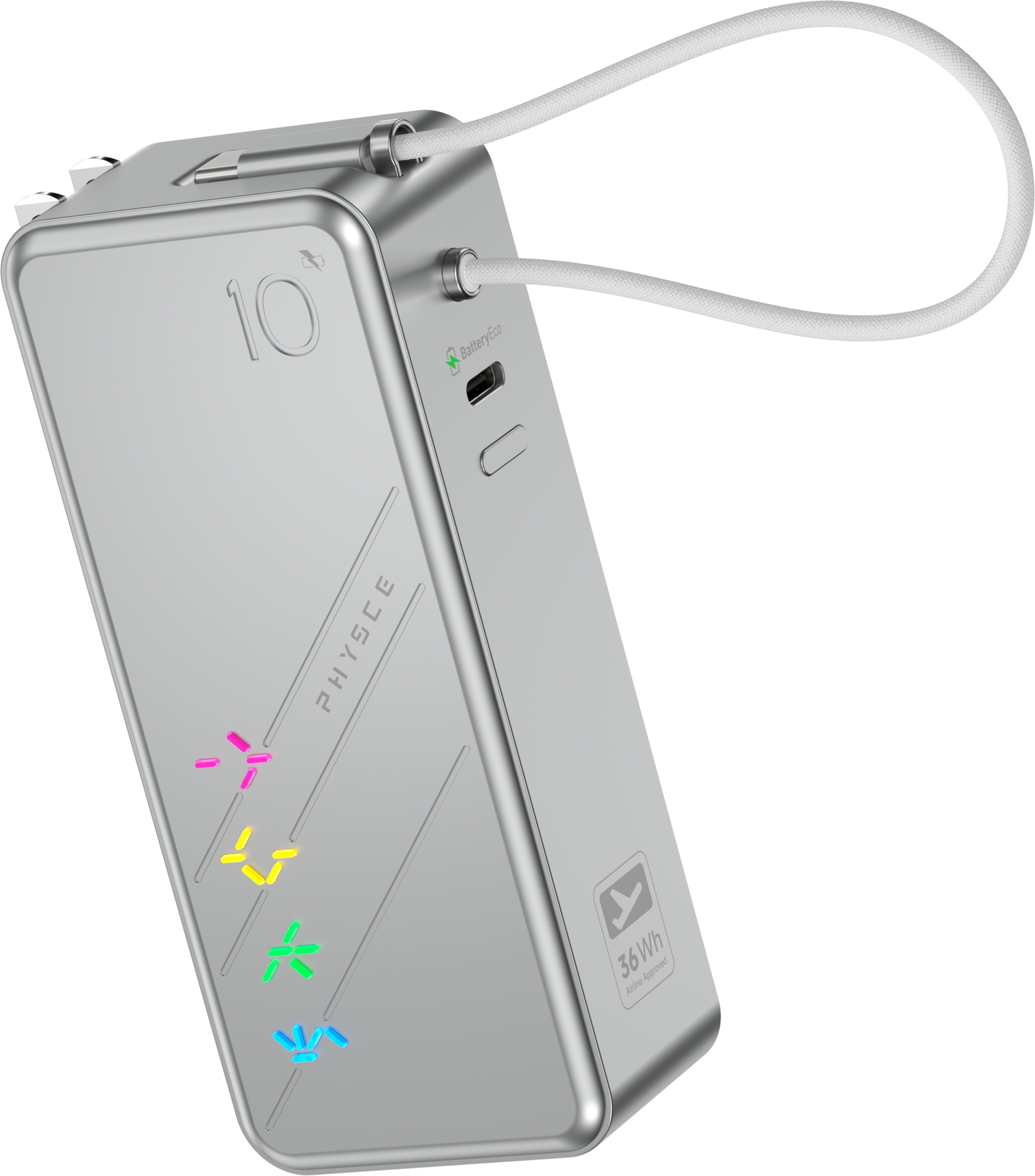 PHYSCE(ファイス) 3in1 モバイルバッテリー 約10000mAhクラス 大容量 コンセント一体型・USB-Cケーブル内蔵・折りたたみプラグ 最大30W USB-C PD急速充電 GaN採用 5段階RGB残量表示 アルミボディ LG製セル iPhone・iPad・Android対応 PSE認証 2年保証