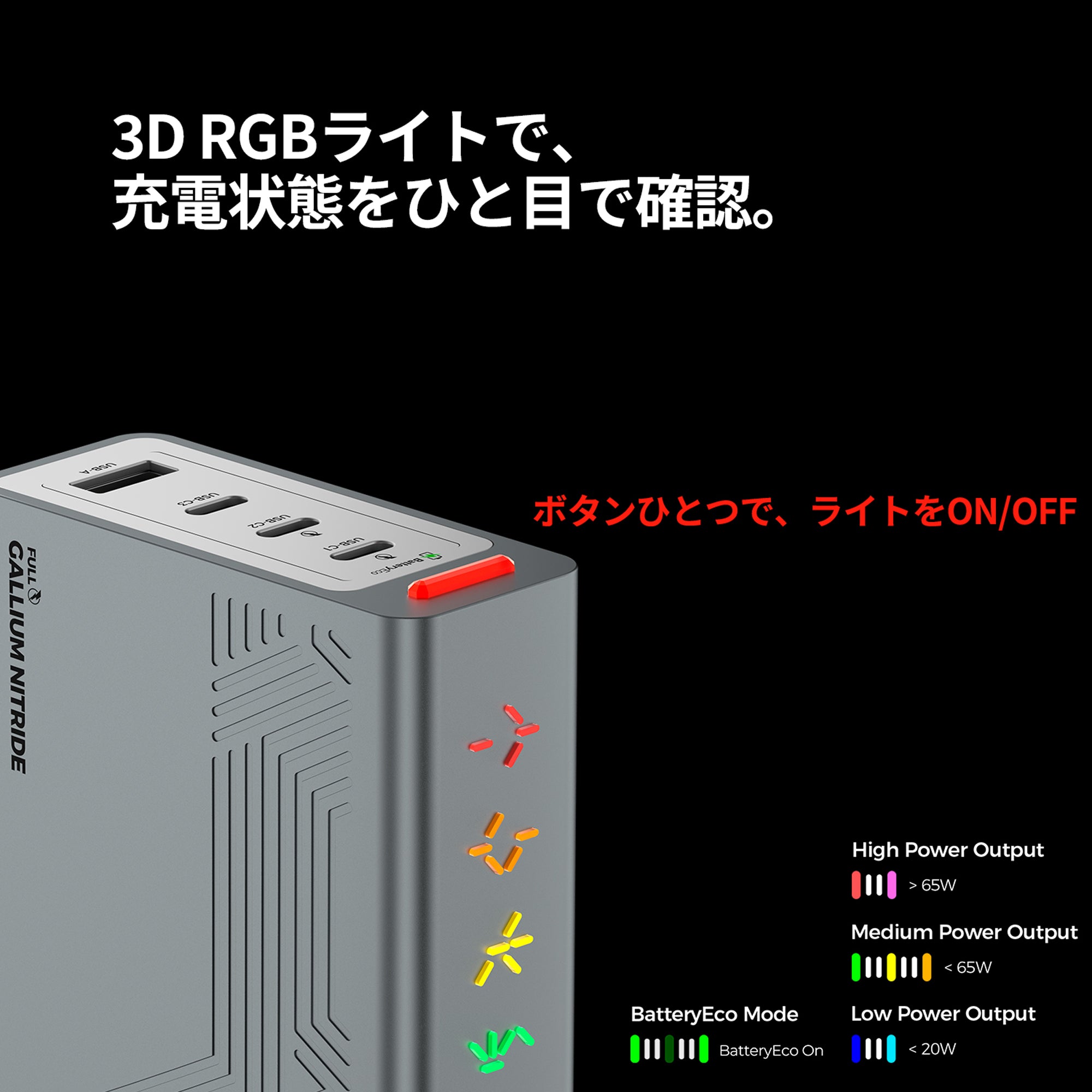 PHYSCE(ファイス) 100W 卓上充電器 USB-C×3+USB-A 単ポート最大100W 持続出力で高負荷でも安定 ポート独立給電 360°RGBライト 折りたたみ式プラグ PSE技術基準適合 ローカルAI/8K編集 MacBook Pro iPhone iPad対応