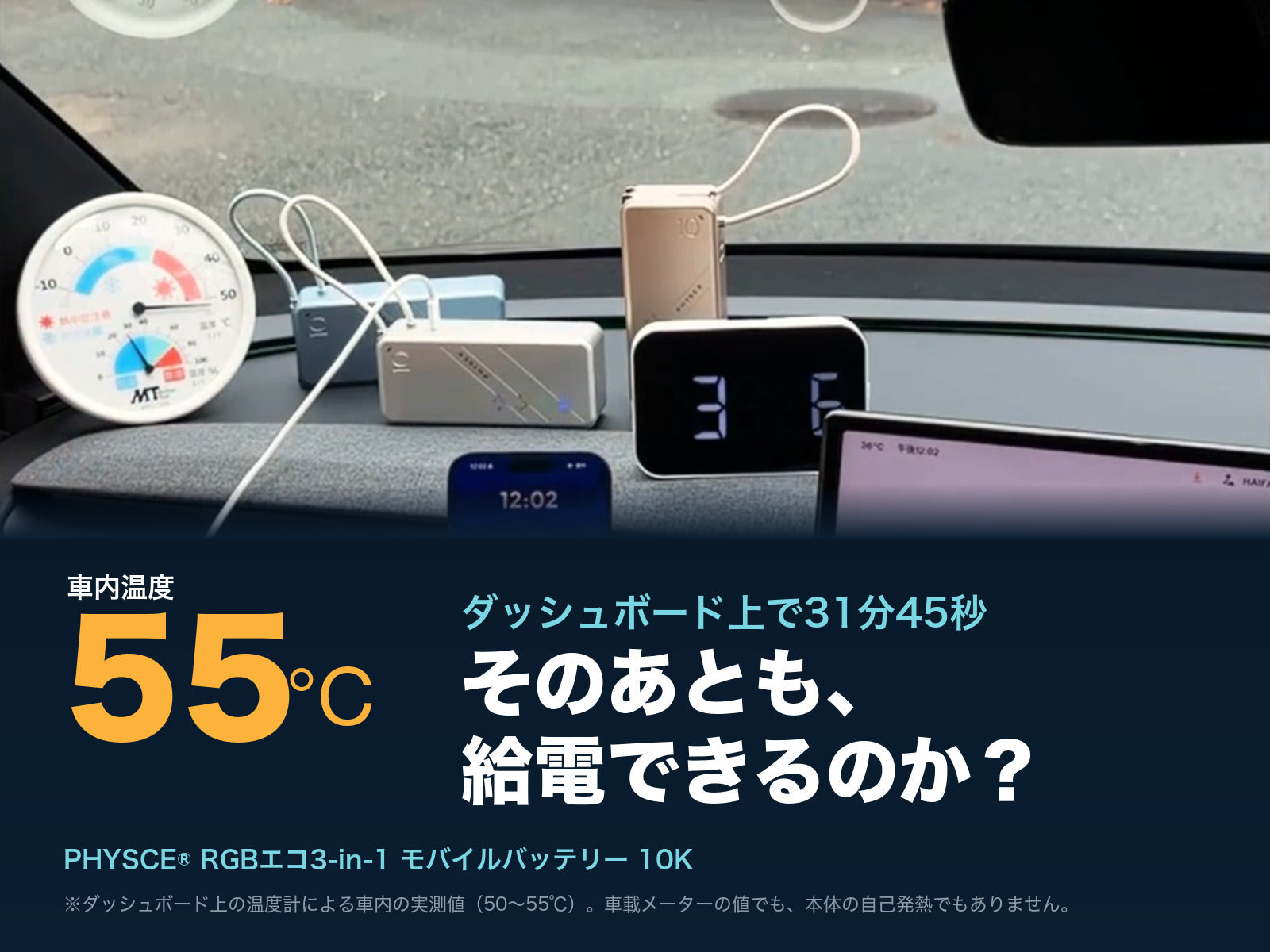 車内温度50〜55℃のModel Yに31分45秒。<br>モバイルバッテリーはその後も給電できるか