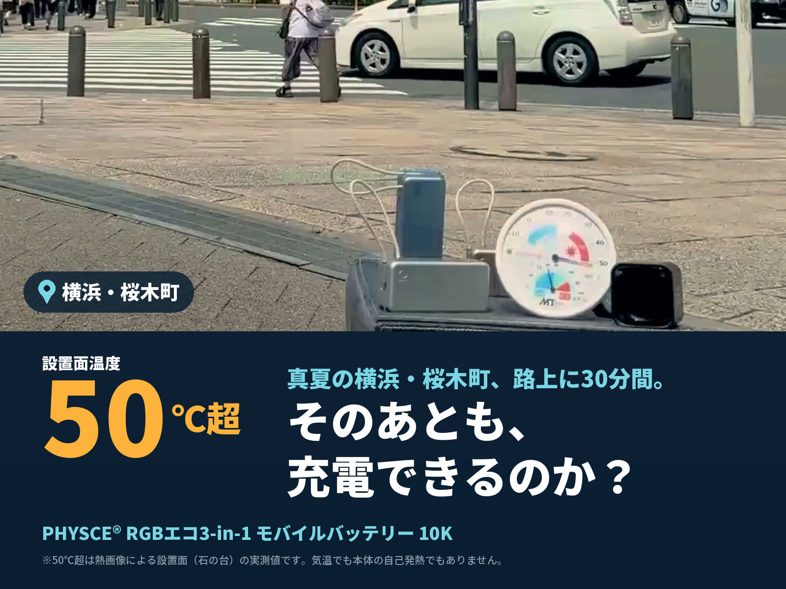 真夏の横浜・桜木町、設置面50℃超の路上に30分。モバイルバッテリーはそのあと充電できるか