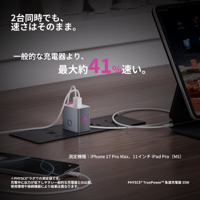 PHYSCE(ﾌｧｲｽ) 35W GaN急速充電器 USB-C×2 PD対応 2台同時でも最大43%速い ポート独立給電 360°RGBライト 折りたたみ式プラグ PSE技術基準適合 iPhone 17/16/15 iPad MacBook Air Galaxy対応