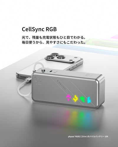 PHYSCE(ﾌｧｲｽ) 3in1 モバイルバッテリー 約10000mAhクラス 大容量 コンセント一体型・USB-Cケーブル内蔵・折りたたみプラグ 最大30W USB-C PD急速充電 GaN採用 5段階RGB残量表示 アルミボディ LG製セル iPhone・iPad・Android対応 PSE認証 2年保証