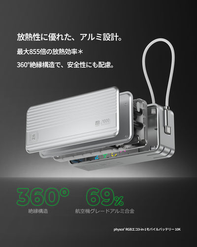 PHYSCE(ﾌｧｲｽ) 3in1 モバイルバッテリー 約10000mAhクラス 大容量 コンセント一体型・USB-Cケーブル内蔵・折りたたみプラグ 最大30W USB-C PD急速充電 GaN採用 5段階RGB残量表示 アルミボディ LG製セル iPhone・iPad・Android対応 PSE認証 2年保証