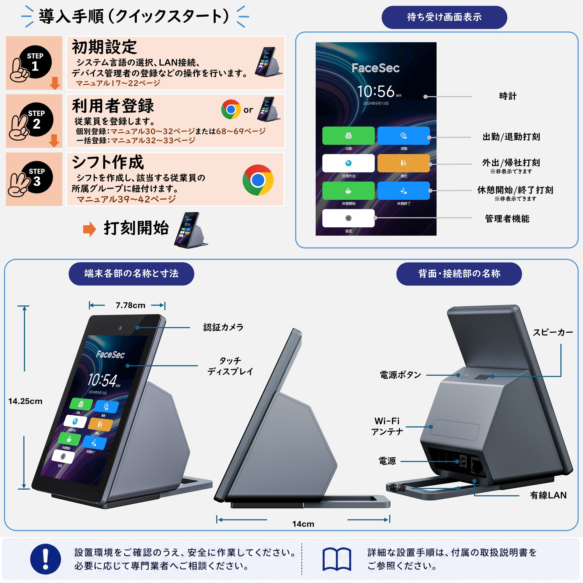 FaceSec(ﾌｪｲｽｾｯｸ) タイムレコーダー AI顔認証 高速 高精度 2万人登録 勤怠管理システム内蔵 自動集計 シフト管理 ペーパーレス 簡単操作 5.5インチ据え置き型（FAD-D55）