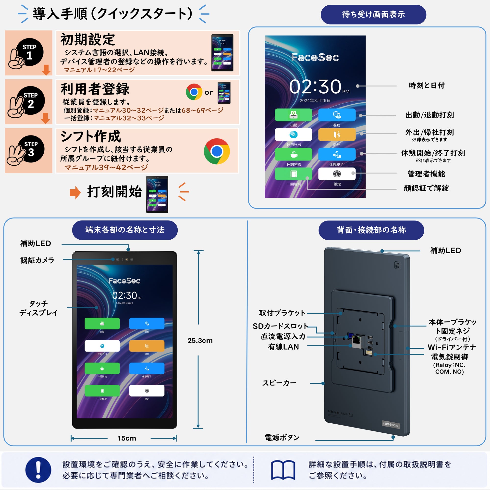 FaceSec(ﾌｪｲｽｾｯｸ) タイムレコーダー AI顔認証 高速 高精度 2万人登録 勤怠管理システム内蔵 自動集計 シフト管理 ペーパーレス 簡単操作 10.1インチ壁掛け型