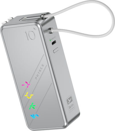 PHYSCE(ﾌｧｲｽ) 3in1 モバイルバッテリー 約10000mAhクラス 大容量 コンセント一体型・USB-Cケーブル内蔵・折りたたみプラグ 最大30W USB-C PD急速充電 GaN採用 5段階RGB残量表示 アルミボディ LG製セル iPhone・iPad・Android対応 PSE認証 2年保証