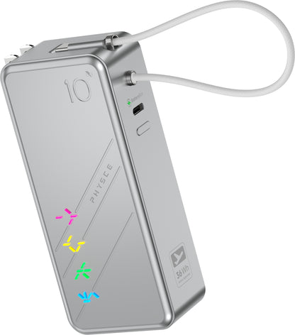 PHYSCE(ﾌｧｲｽ) 3in1 モバイルバッテリー 約10000mAhクラス 大容量 コンセント一体型・USB-Cケーブル内蔵・折りたたみプラグ 最大30W USB-C PD急速充電 GaN採用 5段階RGB残量表示 アルミボディ LG製セル iPhone・iPad・Android対応 PSE認証 2年保証
