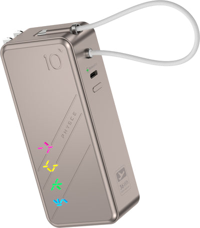 PHYSCE(ﾌｧｲｽ) 3in1 モバイルバッテリー 約10000mAhクラス 大容量 コンセント一体型・USB-Cケーブル内蔵・折りたたみプラグ 最大30W USB-C PD急速充電 GaN採用 5段階RGB残量表示 アルミボディ LG製セル iPhone・iPad・Android対応 PSE認証 2年保証