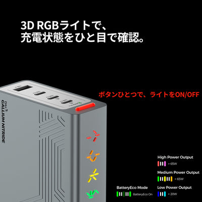 PHYSCE(ﾌｧｲｽ) 100W 卓上充電器 USB-C×3＋USB-A 単ポート最大100W 持続出力で高負荷でも安定 ポート独立給電 360°RGBライト 折りたたみ式プラグ PSE技術基準適合 ローカルAI/8K編集 MacBook Pro iPhone iPad対応