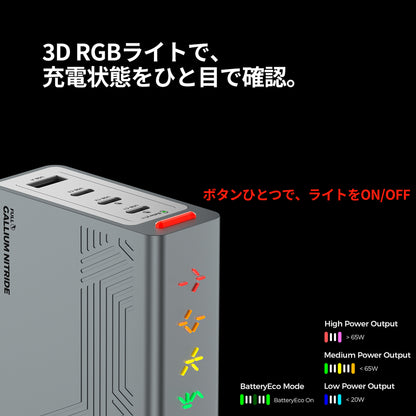 PHYSCE(ﾌｧｲｽ) 100W 卓上充電器 USB-C×3＋USB-A 単ポート最大100W 持続出力で高負荷でも安定 ポート独立給電 360°RGBライト 折りたたみ式プラグ PSE技術基準適合 ローカルAI/8K編集 MacBook Pro iPhone iPad対応