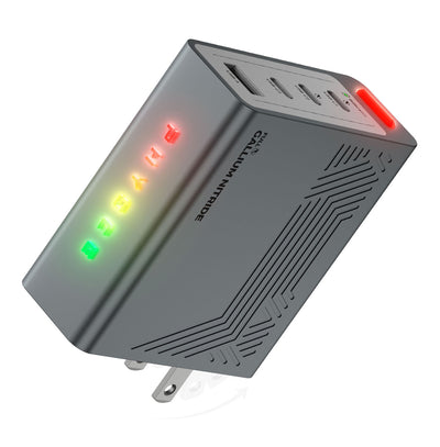 PHYSCE(ﾌｧｲｽ) 100W 卓上充電器 USB-C×3＋USB-A 単ポート最大100W 持続出力で高負荷でも安定 ポート独立給電 360°RGBライト 折りたたみ式プラグ PSE技術基準適合 ローカルAI/8K編集 MacBook Pro iPhone iPad対応