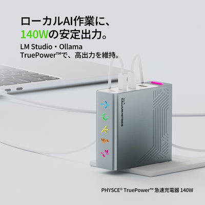PHYSCE(ﾌｧｲｽ) 140W 卓上充電器 USB-C×3＋USB-A 単ポート最大140W 持続出力で高負荷でも安定 ポート独立給電 360°RGBライト 折りたたみ式プラグ PSE技術基準適合 ローカルAI/8K編集 MacBook Pro 16/14対応