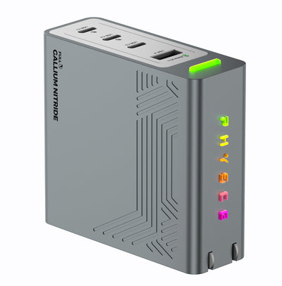 PHYSCE(ﾌｧｲｽ) 140W 卓上充電器 USB-C×3＋USB-A 単ポート最大140W 持続出力で高負荷でも安定 ポート独立給電 360°RGBライト 折りたたみ式プラグ PSE技術基準適合 ローカルAI/8K編集 MacBook Pro 16/14対応