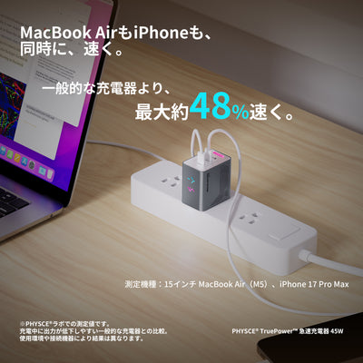 PHYSCE(ﾌｧｲｽ) 45W GaN急速充電器 USB-C×2 PD3.2 AVS/PPS対応 2台同時でも最大56%速い ポート独立給電 360°RGBライト 折りたたみ式プラグ PSE技術基準適合 MacBook Air iPhone 17/16/15 iPad対応