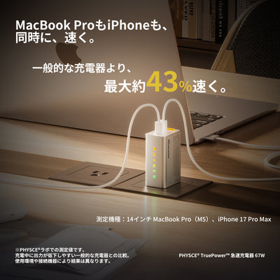 PHYSCE(ﾌｧｲｽ) 67W GaN急速充電器 USB-C×2 PD対応 2台同時でも最大47%速い ポート独立給電 360°RGBライト 折りたたみ式プラグ PSE技術基準適合 MacBook Pro 14 iPhone 17/16/15 iPad対応