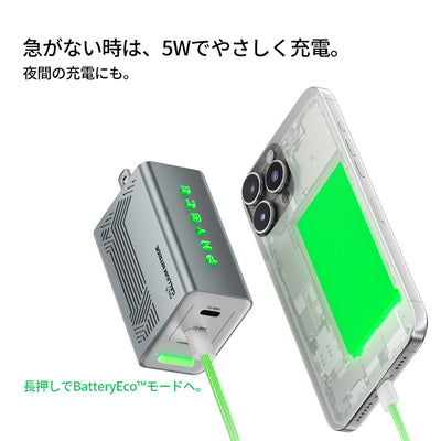 PHYSCE(ﾌｧｲｽ) 67W GaN急速充電器 USB-C×2 PD対応 2台同時でも最大47%速い ポート独立給電 360°RGBライト 折りたたみ式プラグ PSE技術基準適合 MacBook Pro 14 iPhone 17/16/15 iPad対応