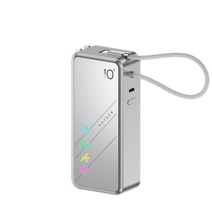 PHYSCE(ﾌｧｲｽ) 3in1 モバイルバッテリー 約10000mAhクラス 大容量 コンセント一体型・USB-Cケーブル内蔵・折りたたみプラグ 最大30W USB-C PD急速充電 GaN採用 5段階RGB残量表示 アルミボディ LG製セル iPhone・iPad・Android対応 PSE認証 2年保証