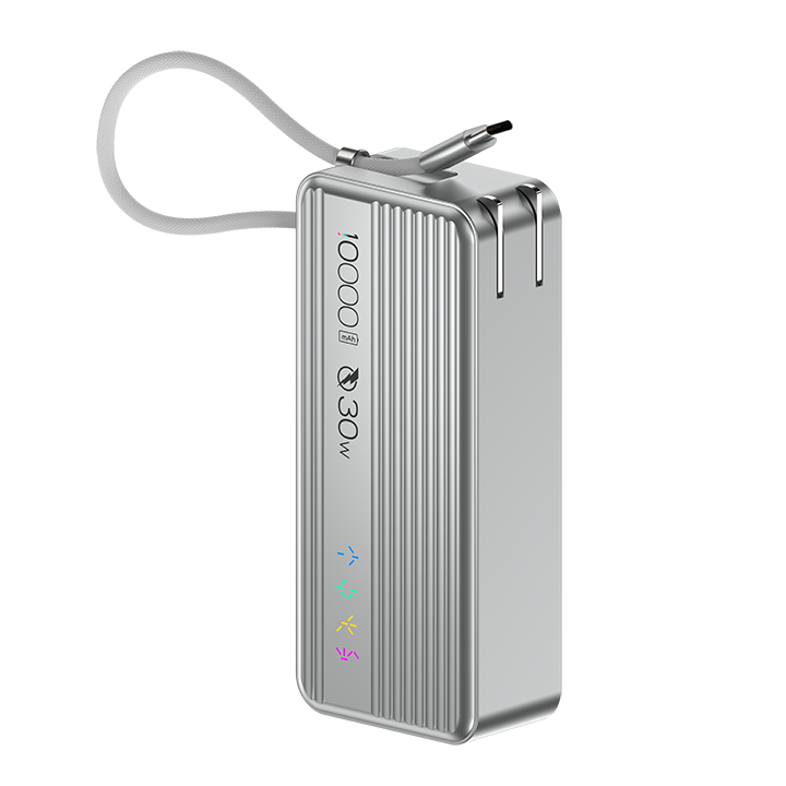 PHYSCE(ﾌｧｲｽ) 3in1 モバイルバッテリー 約10000mAhクラス 大容量 コンセント一体型・USB-Cケーブル内蔵・折りたたみプラグ 最大30W USB-C PD急速充電 GaN採用 5段階RGB残量表示 アルミボディ LG製セル iPhone・iPad・Android対応 PSE認証 2年保証