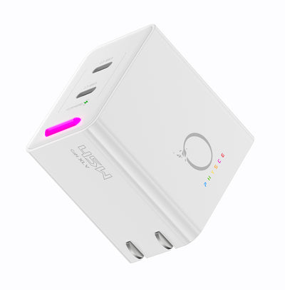 PHYSCE(ﾌｧｲｽ) 45W GaN急速充電器 USB-C×2 PD3.2 AVS/PPS対応 2台同時でも最大56%速い ポート独立給電 360°RGBライト 折りたたみ式プラグ PSE技術基準適合 MacBook Air iPhone 17/16/15 iPad対応