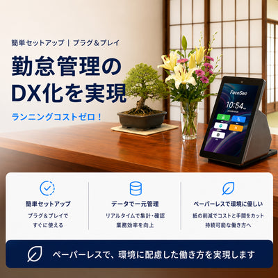 FaceSec(ﾌｪｲｽｾｯｸ) タイムレコーダー AI顔認証 高速 高精度 2万人登録 勤怠管理システム内蔵 自動集計 シフト管理 ペーパーレス 簡単操作 5.5インチ据え置き型（FAD-D55）