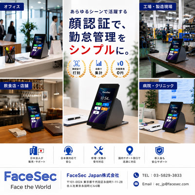 FaceSec(ﾌｪｲｽｾｯｸ) タイムレコーダー AI顔認証 高速 高精度 2万人登録 勤怠管理システム内蔵 自動集計 シフト管理 ペーパーレス 簡単操作 5.5インチ据え置き型（FAD-D55）
